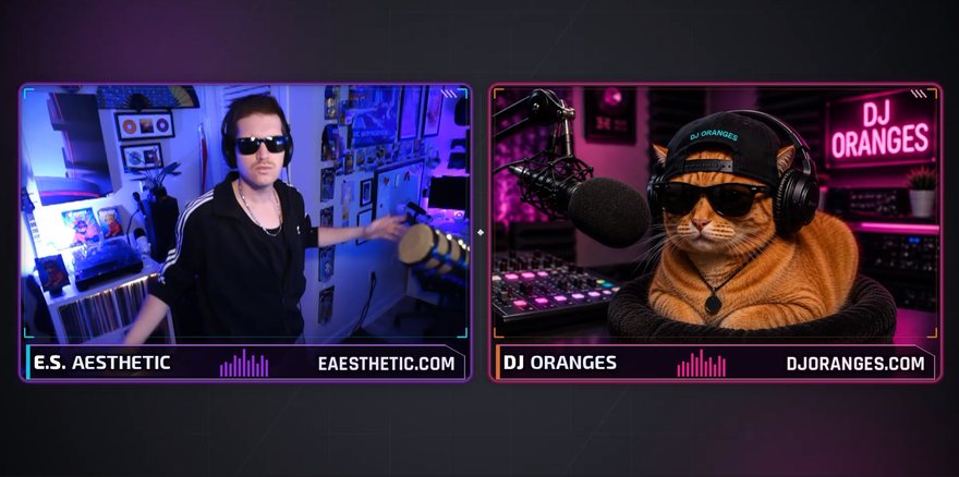The DJ ORANGES Show: E.S. Aesthetic and the DJ Oranges character side by side on a video call